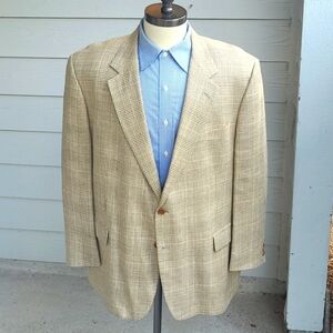 BROOKS BROTHERS Italy Tan Beige Plaid Wool Linen Ramie Sz 48 R Mens Sport Coat